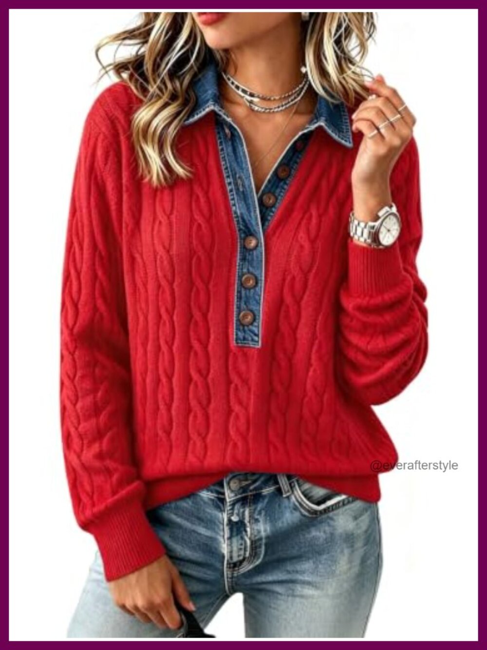 Cable Knit Denim Collar Polo Pullover Sweater Loose Fit Women's